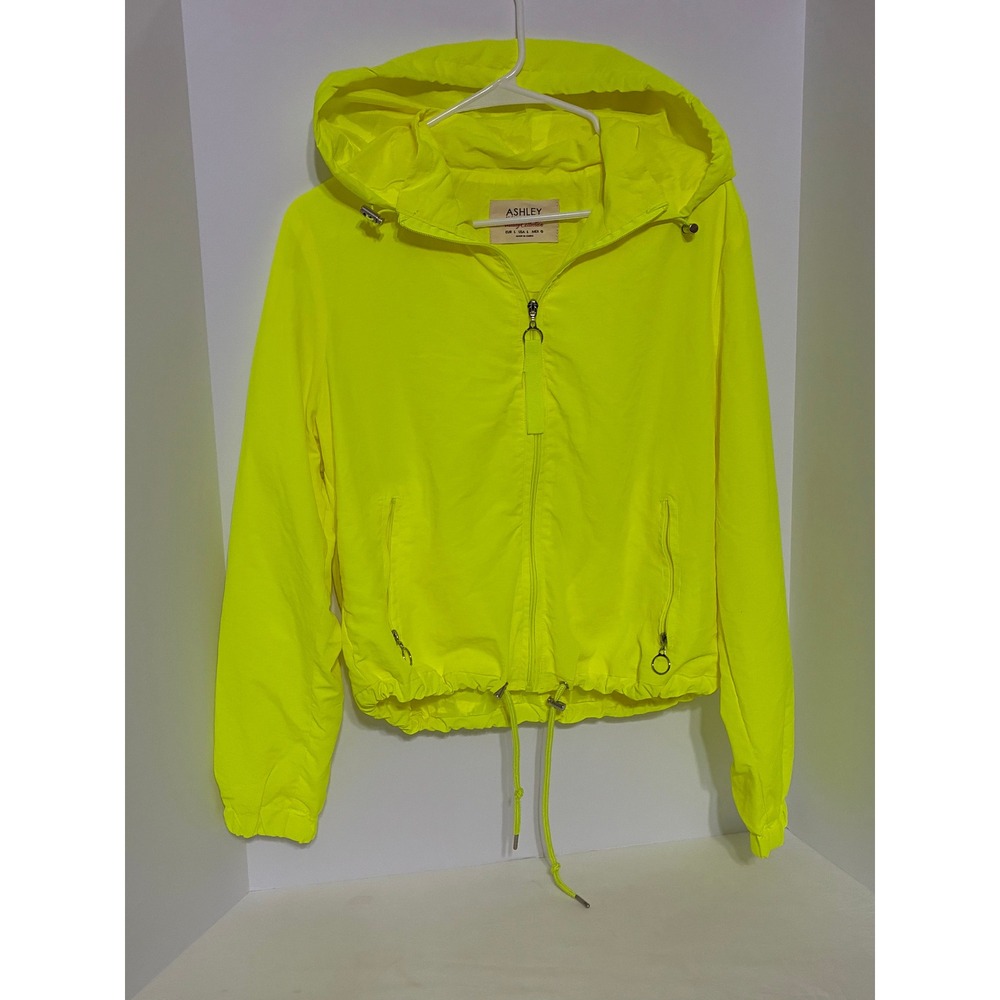 Ashley by 26 International Neon Yellow Hooded Windbreaker Jacket Womens Large
